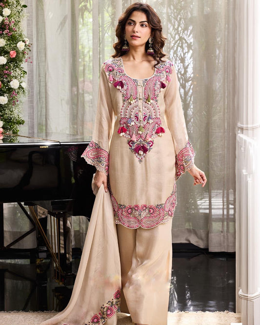 PAKISTHANI STYLE FARSHI SALWAR SUIT SET WITH PINK & PURPLE EMBROIDERY