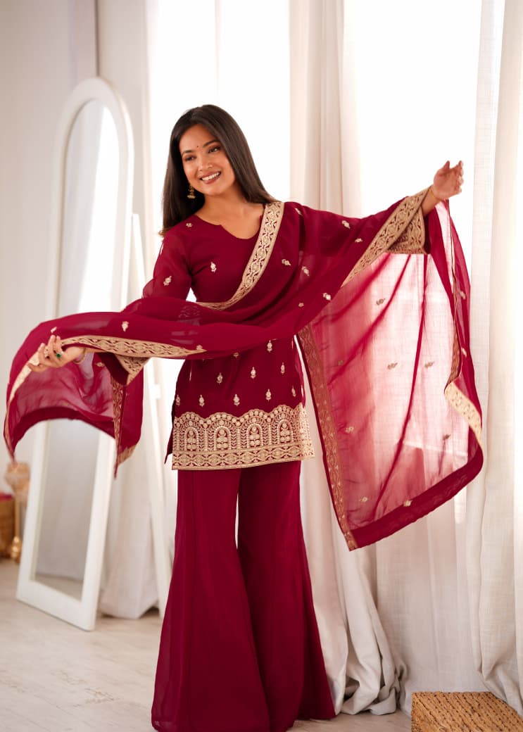 MAROON CRUNCHY SILK EMBROIDERED PLAZZO SUIT SET