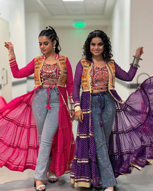 NAVRATRI BANDHANI PRINT SHRUG WITH EMBROIDERED BLOUSE SET