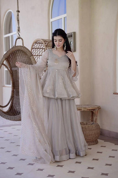 GREY TABBY SILK HAND EMBROIDERED KURTI PLAZZO SET