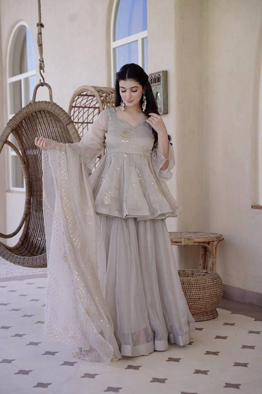 GREY TABBY SILK HAND EMBROIDERED KURTI PLAZZO SET