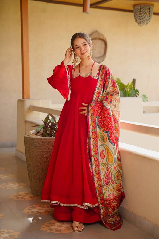 RED TABBY SILK ANARKALI SUIT SET