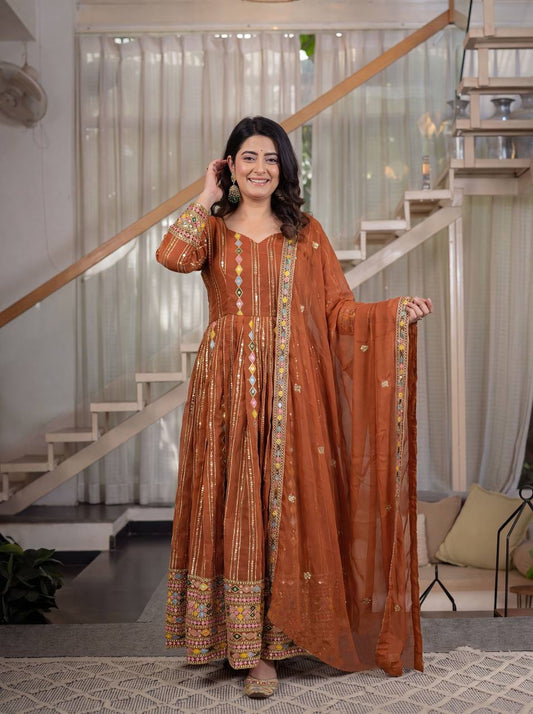 RUST ORANGE ANARKALI GOWN SUIT SET