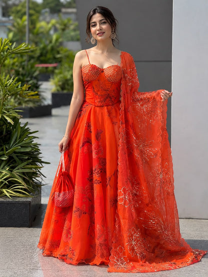 ORANGE DESIGNER ORGANZA LEHENGA SET WITH CO-ORD SET BLOUSE , DUPATTA & BATWA