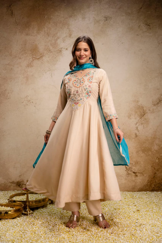 BEIGE ANARKALI GOWN SET WITH DUPATTA