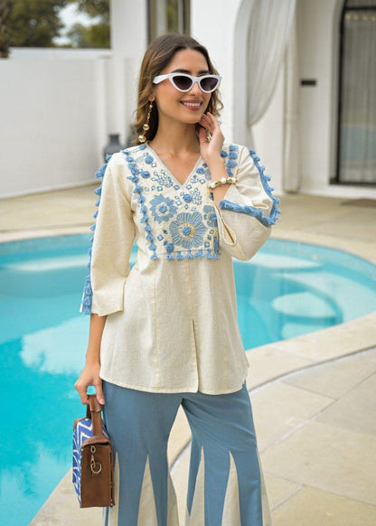 IVORY BLUE MIRROR RESHAM WORK COTTON CO-ORD SET