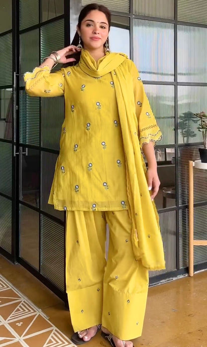 SATIN EMBROIDERED FARSHI PLAZZO SUIT SET