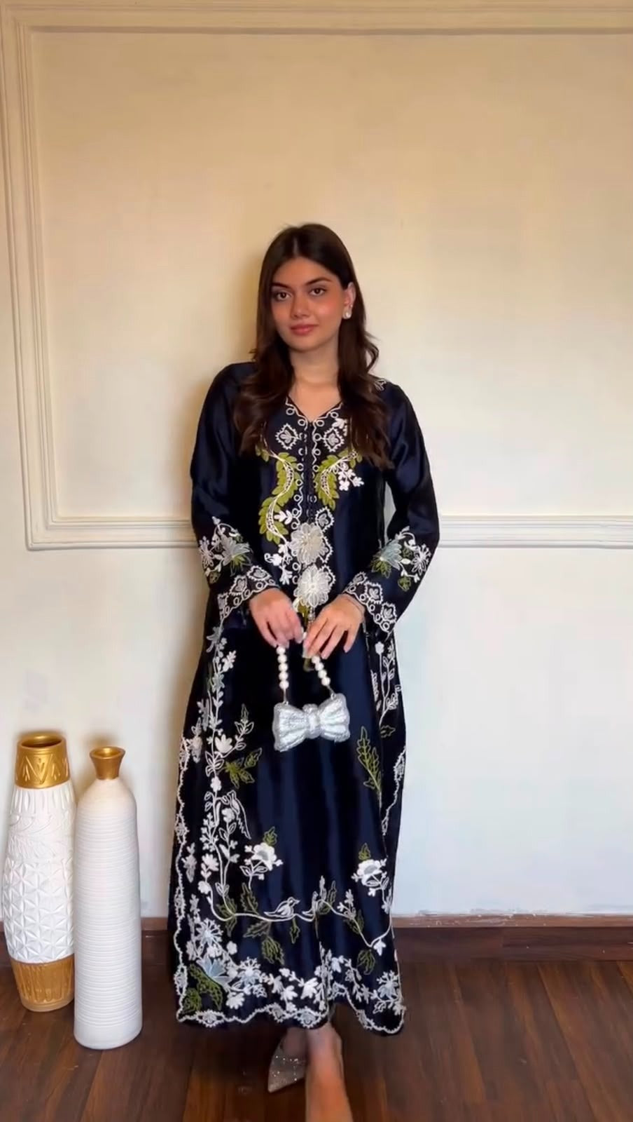 NAVY BLUE EMBROIDERY SATIN RAYON KAFTAN SET