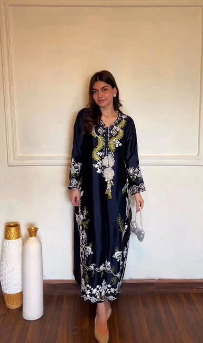 NAVY BLUE EMBROIDERY SATIN RAYON KAFTAN SET