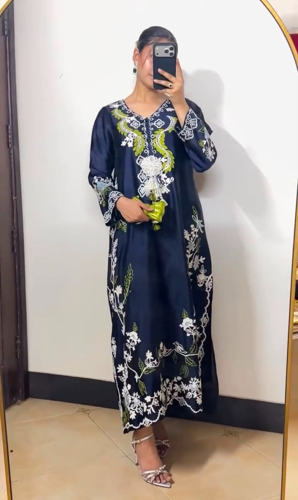 NAVY BLUE EMBROIDERY SATIN RAYON KAFTAN SET