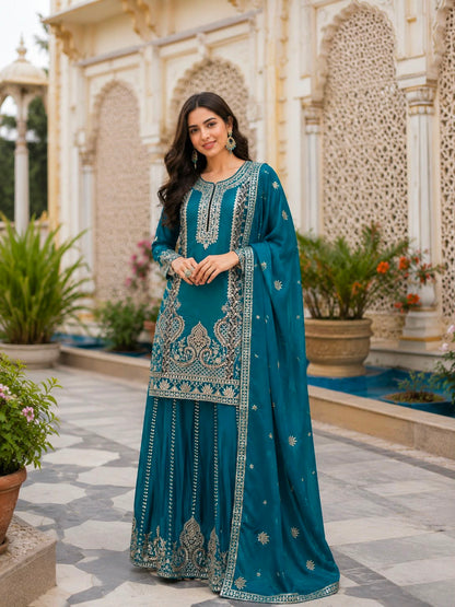 TEAL BLUE CHINON SILK KURTA SET