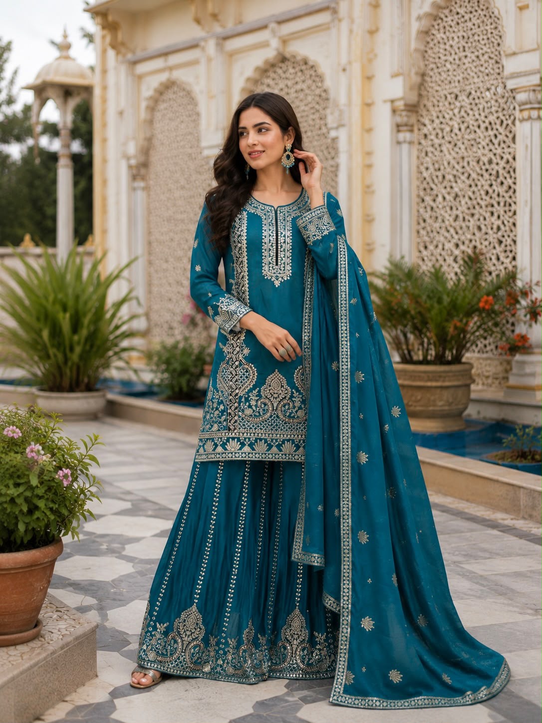 TEAL BLUE CHINON SILK KURTA SET