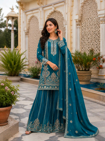 TEAL BLUE CHINON SILK KURTA SET