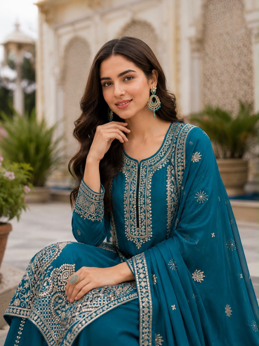 TEAL BLUE CHINON SILK KURTA SET