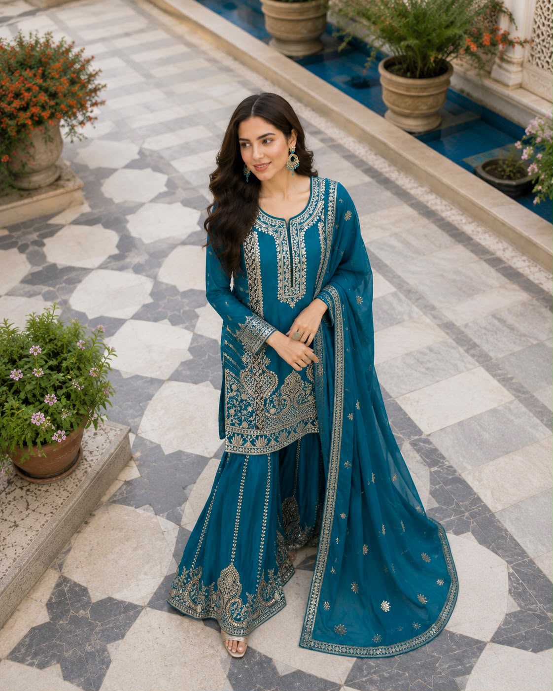 TEAL BLUE CHINON SILK KURTA SET