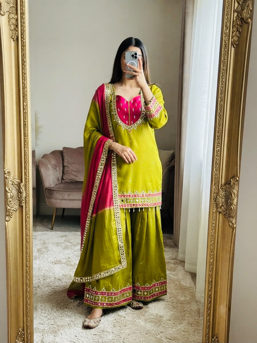 OLIVE GREEN ROMAN GLASS SILK KURTA PLAZZO SET
