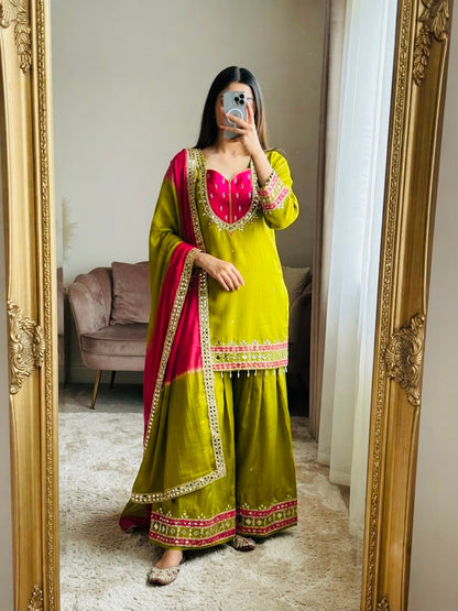 OLIVE GREEN ROMAN GLASS SILK KURTA PLAZZO SET