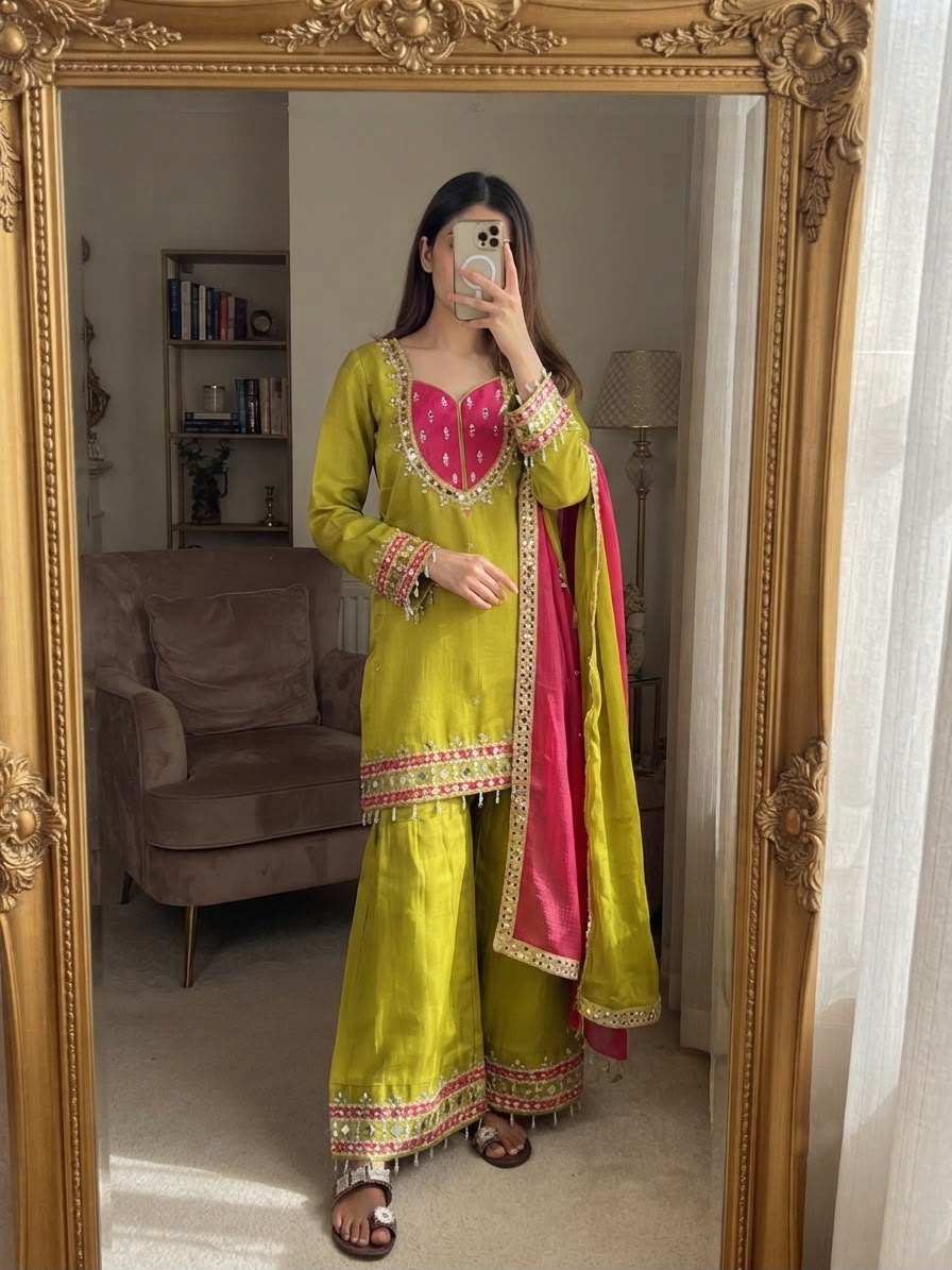 OLIVE GREEN ROMAN GLASS SILK KURTA PLAZZO SET