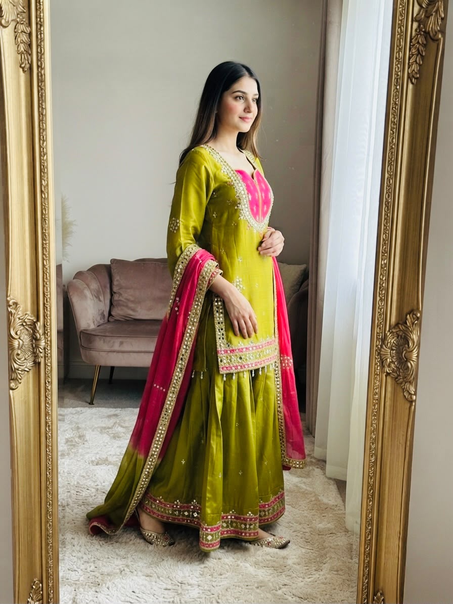 OLIVE GREEN ROMAN GLASS SILK KURTA PLAZZO SET