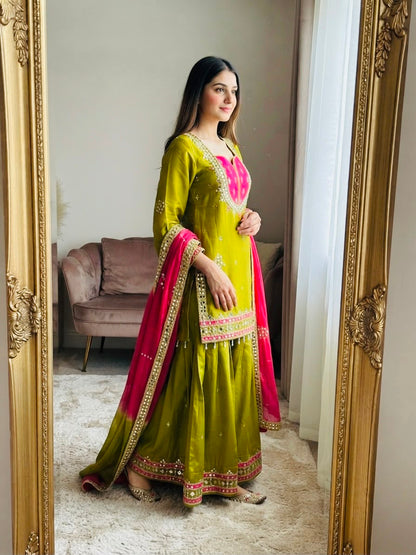 OLIVE GREEN ROMAN GLASS SILK KURTA PLAZZO SET