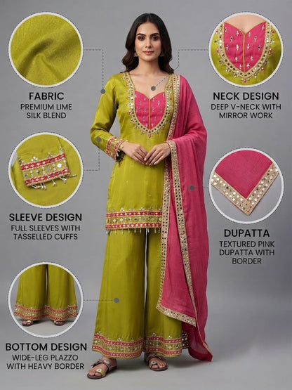 OLIVE GREEN ROMAN GLASS SILK KURTA PLAZZO SET