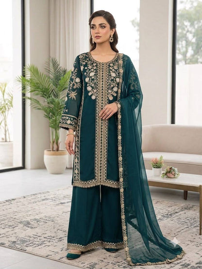 TEAL ROMAN SEQUENCE EMBROIDERY PLAZZO SET