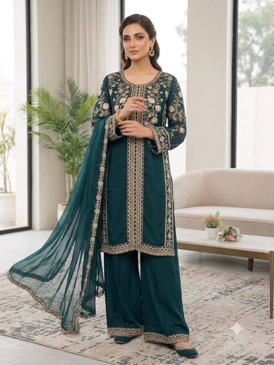 TEAL ROMAN SEQUENCE EMBROIDERY PLAZZO SET
