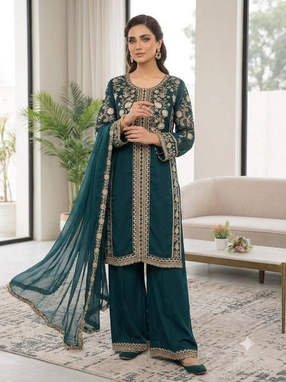 TEAL ROMAN SEQUENCE EMBROIDERY PLAZZO SET