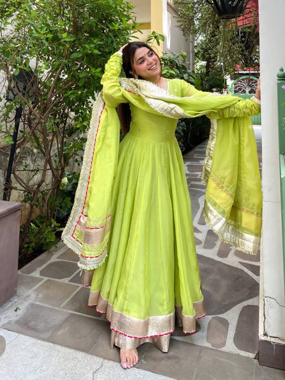 PARROT GREEN TABBY ORGANZA SILK HAND WORK GOWN