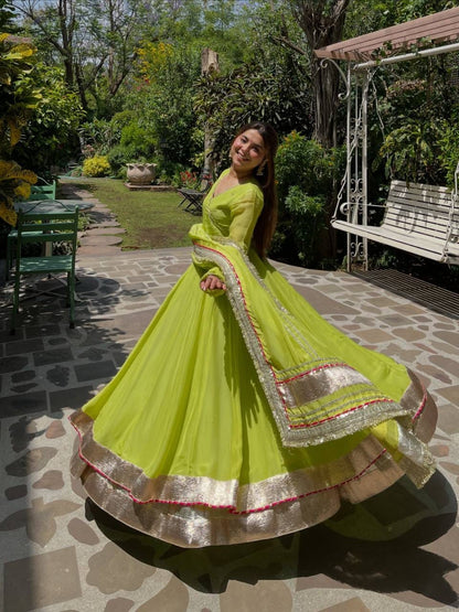 PARROT GREEN TABBY ORGANZA SILK HAND WORK GOWN