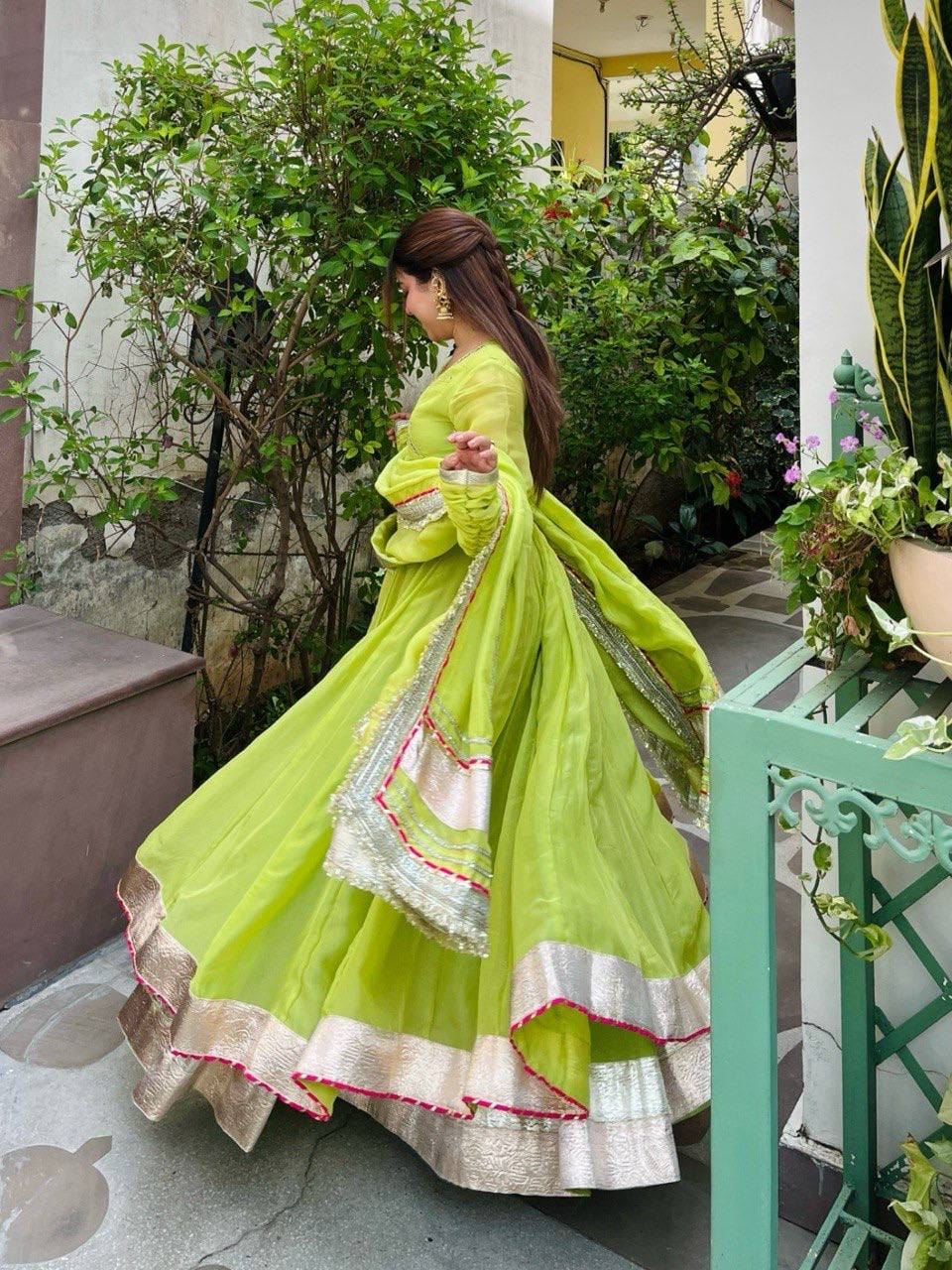 PARROT GREEN TABBY ORGANZA SILK HAND WORK GOWN