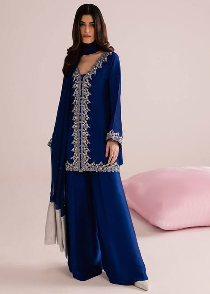 ROYAL BLUE PREMIUM MOS SATIN KURTI PLAZZO SET WITH SEQUENCE & ZARI EMBROIDERY