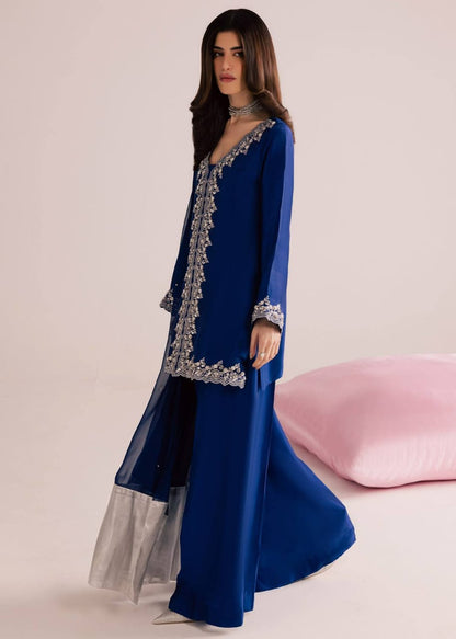 ROYAL BLUE PREMIUM MOS SATIN KURTI PLAZZO SET WITH SEQUENCE & ZARI EMBROIDERY