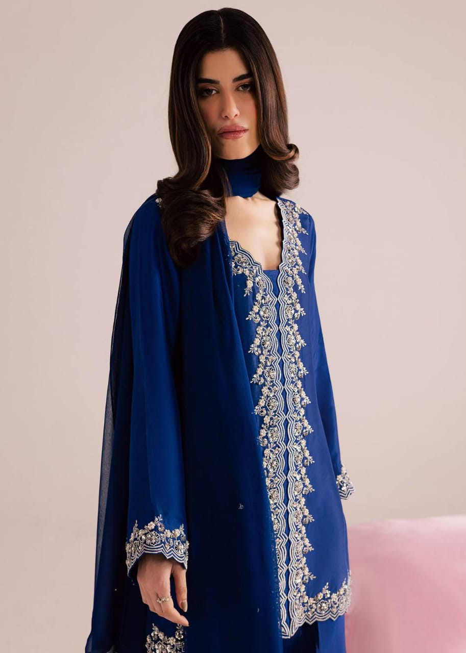 ROYAL BLUE PREMIUM MOS SATIN KURTI PLAZZO SET WITH SEQUENCE & ZARI EMBROIDERY