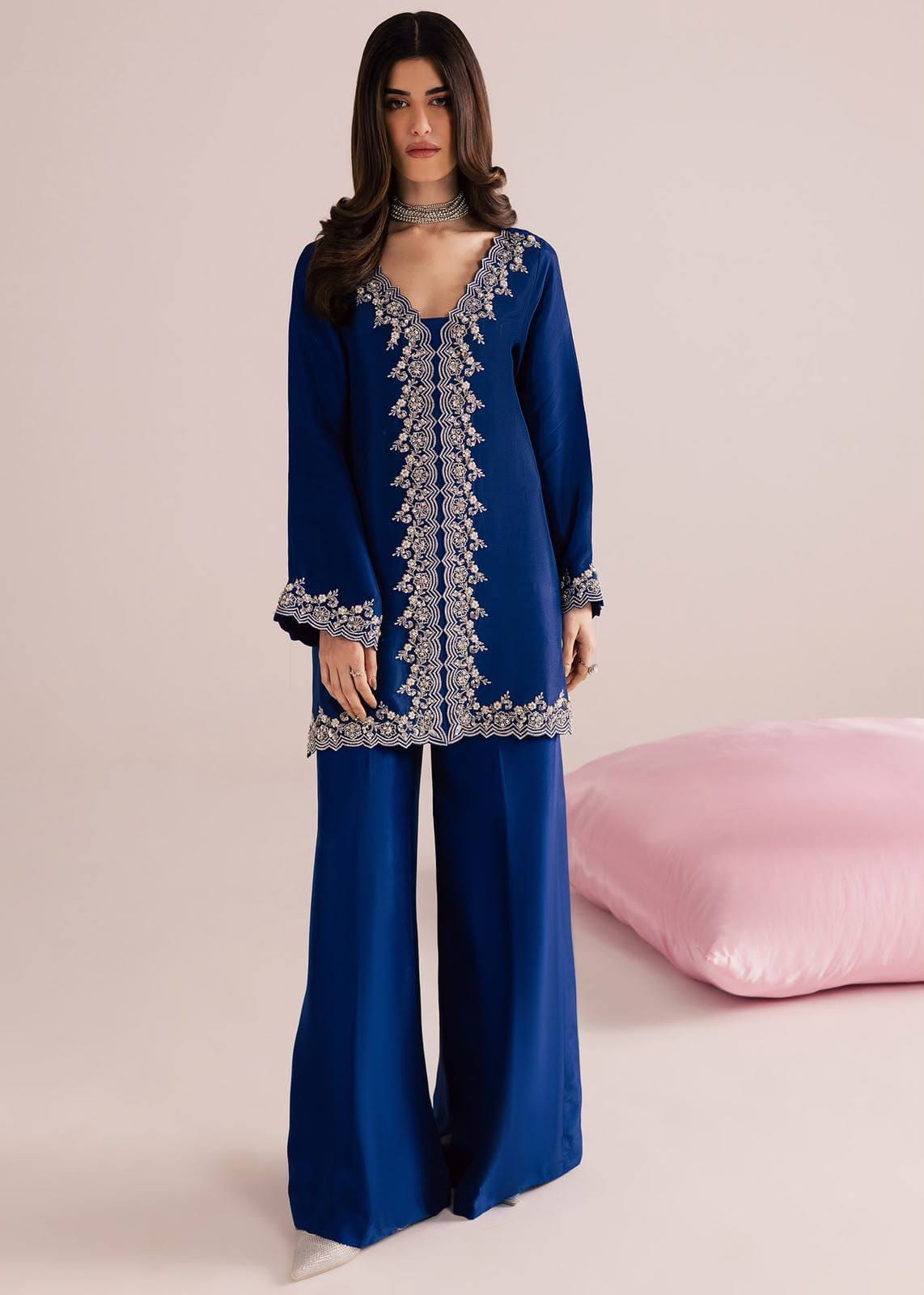 ROYAL BLUE PREMIUM MOS SATIN KURTI PLAZZO SET WITH SEQUENCE & ZARI EMBROIDERY