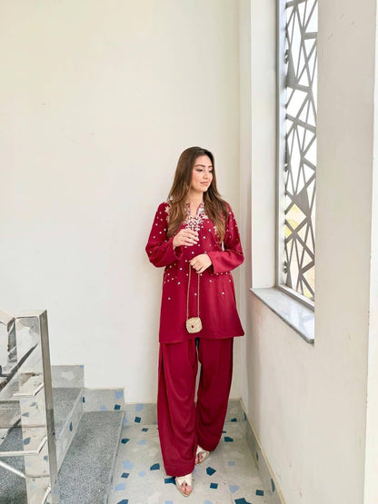 MAROON KURTA SET WITH BEADS & EMBROIDERY WORK