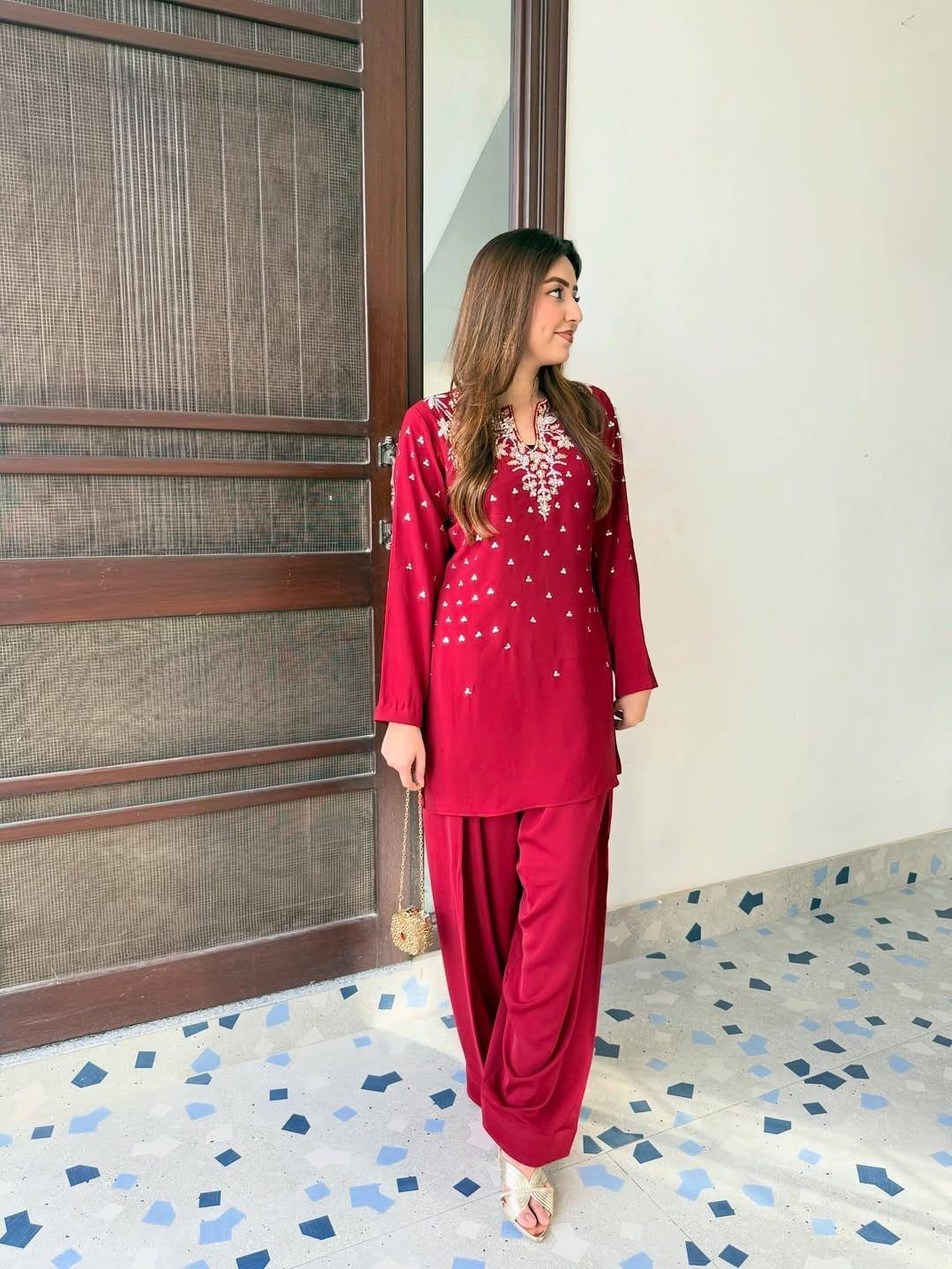 MAROON KURTA SET WITH BEADS & EMBROIDERY WORK