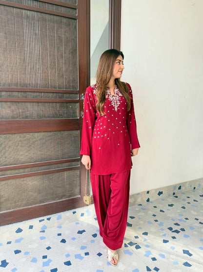MAROON KURTA SET WITH BEADS & EMBROIDERY WORK