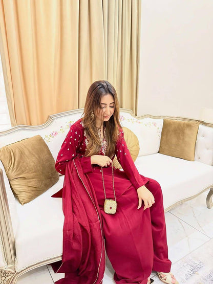 MAROON KURTA SET WITH BEADS & EMBROIDERY WORK