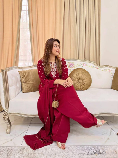 MAROON KURTA SET WITH BEADS & EMBROIDERY WORK