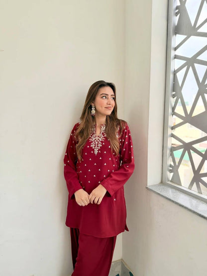 MAROON KURTA SET WITH BEADS & EMBROIDERY WORK