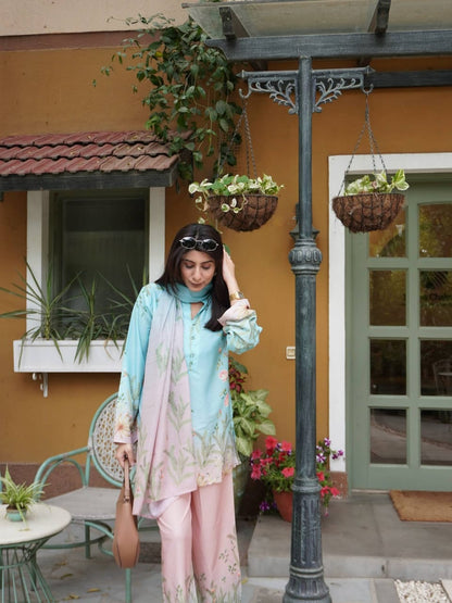 DIVA MINT BLUE & BLUSH PINK FLORAL PRINTED MUSLIN COTTON CO-ORD SET