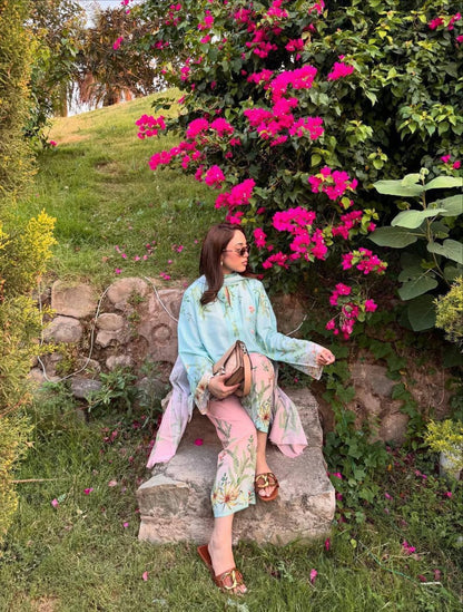 DIVA MINT BLUE & BLUSH PINK FLORAL PRINTED MUSLIN COTTON CO-ORD SET