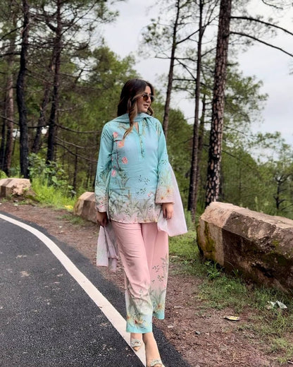DIVA MINT BLUE & BLUSH PINK FLORAL PRINTED MUSLIN COTTON CO-ORD SET