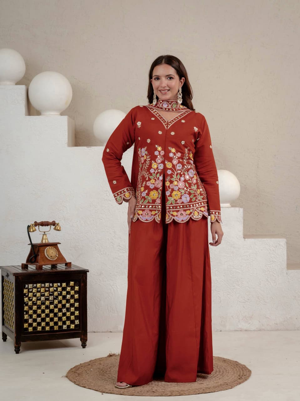 RUST ROMAN SILK SHARARA KURTA SET