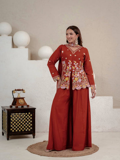 RUST ROMAN SILK SHARARA KURTA SET
