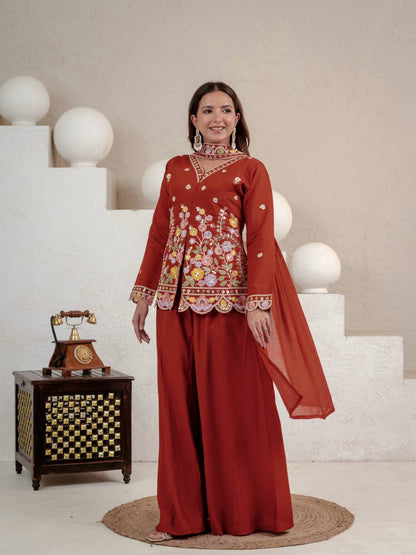 RUST ROMAN SILK SHARARA KURTA SET