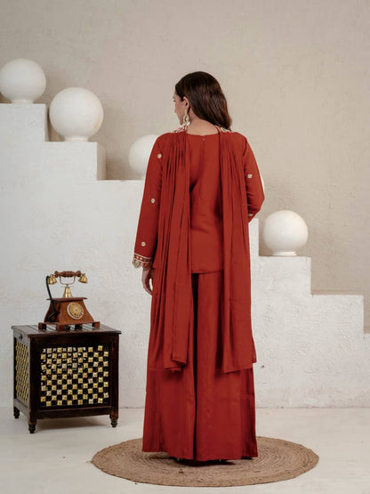 RUST ROMAN SILK SHARARA KURTA SET