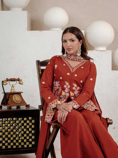 RUST ROMAN SILK SHARARA KURTA SET
