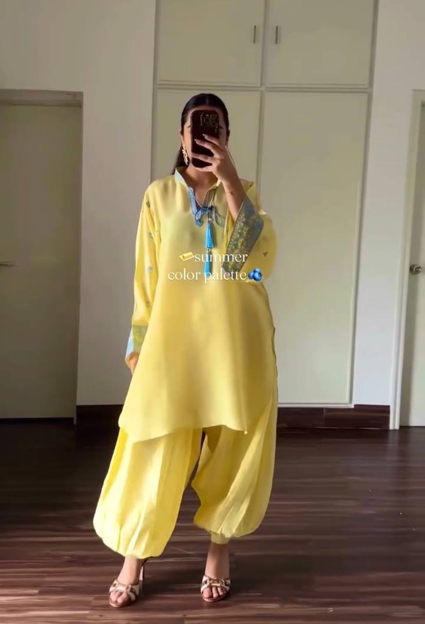 YELLOW NATURAL CRAPE SILK SUIT SET